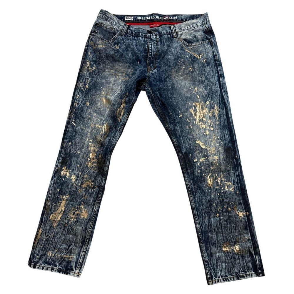 Denim House Denim Straight Leg Jeans Gold Splatter Paint Whiskers Men Blue 42x34
